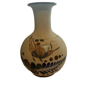 Tonala Mexican Bird Floral Sandstone Pottery Folk Art Vase Decor Tan Blue 8" VGC